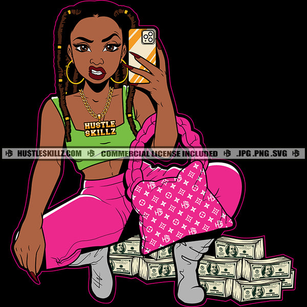 Young Melanin Woman Holding Phone Vector Sitting Pose Design Element Lot Of Money On Floor Black Background Angry Face Black Beauty Side Bag On Hand SVG JPG PNG Vector Clipart Cricut Cutting Files
