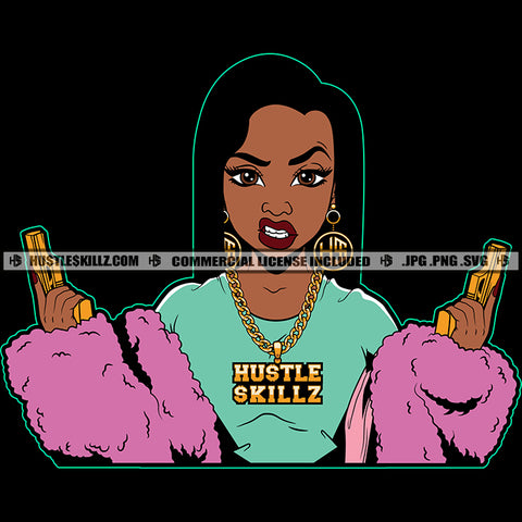 Angry Face Young Melanin Woman Holding Double Gun Vector Black Background Design Element Color Line Melanin Woman Head Design SVG JPG PNG Vector Clipart Cricut Cutting Files
