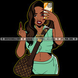 African American Woman Holding Phone Take Selfie Pose Design Element Side Bag Vector Black Background Middle Finger Hand Sign Design Long Hair Style SVG JPG PNG Vector Clipart Cricut Cutting Files