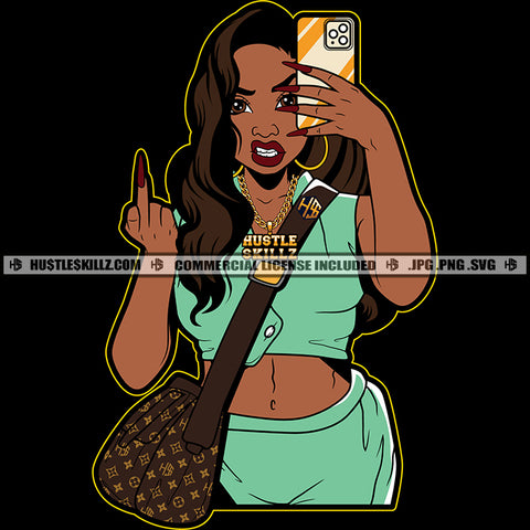 Lola Melanin Woman Taking Selfie Pose And Show Middle Finger Hand Sign Design Element Money Bag Hustler Hustling SVG JPG PNG Vector Clipart Cricut Cutting Files