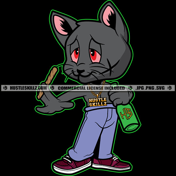 Gangster Scarface Cat Holding Bear Bottle And Weed Roll Vector Cat Smoking Weed Marijuana Black Background Cat Standing Design Element SVG JPG PNG Vector Clipart Cricut Cutting Files