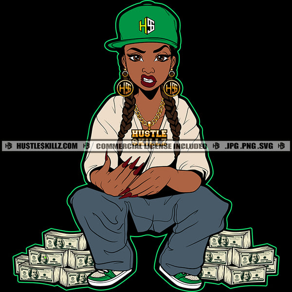 Gangster Melanin Woman Sitting On Money Bundle Angry Face Girl Vector Afro Woman Hand Up Lot Of Money Bundle On Floor Black Background Design Element SVG JPG PNG Vector Clipart Cricut Cutting Files