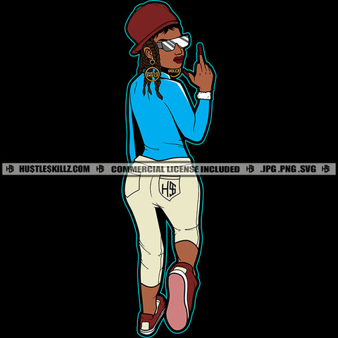 African American Woman Waking Vector Afro Woman Wearing Sunglasses And Cap Design Element Middle Finger Hand Sign Black Background SVG JPG PNG Vector Clipart Cricut Cutting Files