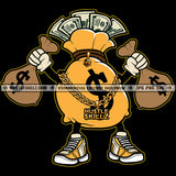 Money Bag Cartoon Character Standing Design Element And Holding Money Bag Vector Full Of Cash Bank Note Black Background SVG JPG PNG Vector Clipart Cricut Cutting Files