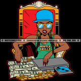 Gangster African American Girl Sitting On Chair Vector Lot Of Money And Gold Coin On Table DVD Player Design Element Wearing Cap And Sunglass Black Background SVG JPG PNG Vector Clipart Cricut Cutting Files