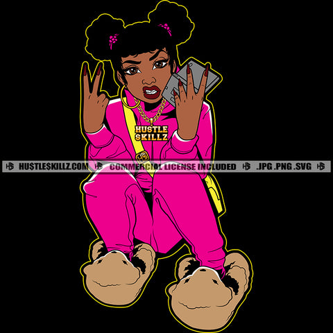 Young Black Woman Afro Puffs Sweat Suit Hoodie Bear Slippers Poker Playing Cards Grind Peach Hand Sign Design Element Black Background SVG JPG PNG Vector Clipart Cricut Cutting Files