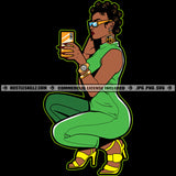 Black Woman Bantu Knots Jumpsuit One Piece Heels Cellphone Mobile Selfie Graphic Grind Wearing Sunglasses Black Background SVG JPG PNG Vector Clipart Cricut Cutting Files