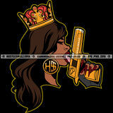 African American Woman Holding Golden Color Gun Pistol Design Element Crown On Head Long Hair Style Black Background SVG JPG PNG Vector Clipart Cricut Cutting Files