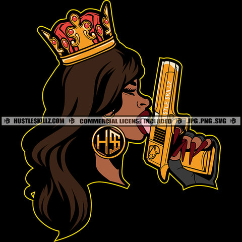 African American Woman Holding Golden Color Gun Pistol Design Element Crown On Head Long Hair Style Black Background SVG JPG PNG Vector Clipart Cricut Cutting Files