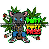 Puff Puff Pass Quote Scarface Gangster Cat Sitting Vector Bad Ass Cat Wearing Chain Sneaker Cannabis Blunt High Life Green Weed Leaves Marijuana Silhouette SVG JPG PNG Vector Clipart Cricut Cutting Files