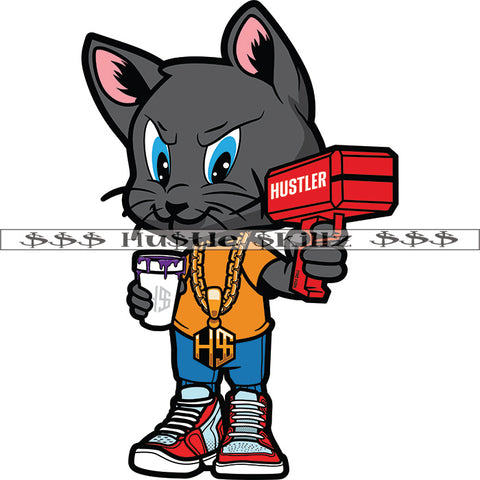 Gangster Scarface Cat Holding Coffee Mug And Money Dripping Machine Vector Smile Face Cat Design Element White Background SVG JPG PNG Vector Clipart Cricut Cutting Files