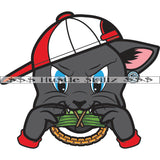 Gangster Scarface Cat Wearing Baseball Cap Design Element Biting Money Stack In Mouth Grind Hustling Grinding White Background Vector SVG JPG PNG Vector Clipart Cricut Cutting Files