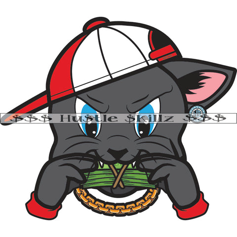 Gangster Scarface Cat Wearing Baseball Cap Design Element Biting Money Stack In Mouth Grind Hustling Grinding White Background Vector SVG JPG PNG Vector Clipart Cricut Cutting Files
