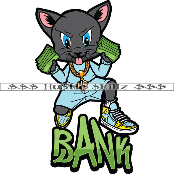 Bang Green Color Quote Gangster Scarface Cat Holding Double Hand Money Bundle Vector Tongue Out Of Mouth Design Element Cat Sitting Pose Vector White Background SVG JPG PNG Vector Clipart Cricut Cutting Files