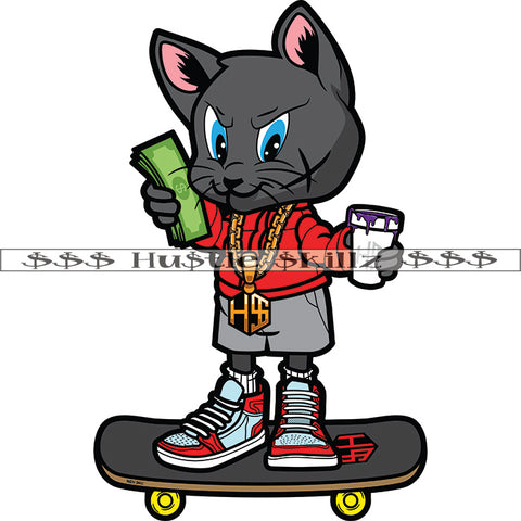 Gangster Scarface Cat Standing On Skateboard Vector Holding Cash Money And Coffee Mug Design Element Smile Face Cat SVG JPG PNG Vector Clipart Cricut Cutting Files