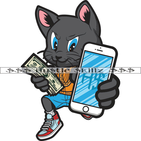 Gangster Scarface Cat Hand Holding Phone And Cash Money Vector Smile Face Cat Sitting Pose Design Element White Background SVG JPG PNG Vector Clipart Cricut Cutting Files