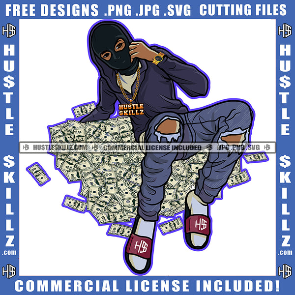 African American Woman Sitting On Money Bundle Design Element Nubian Woman Wearing Musk Hustler Hustling SVG JPG PNG Vector Clipart Cricut Cutting Files