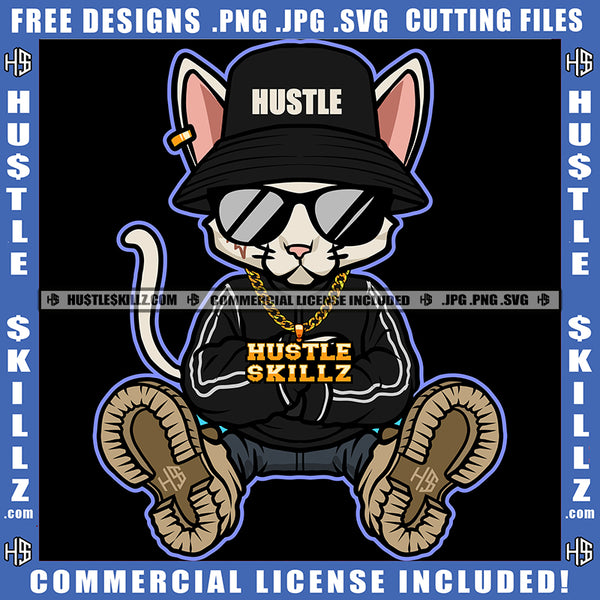 African American Gangster Cat Sitting On Floor Design Element Cat Wearing Sunglass And Hat Hustler Hustling SVG JPG PNG Vector Clipart Cricut Cutting Files