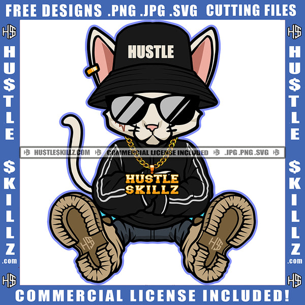 African American Gangster Cat Sitting On Floor Design Element Cat Wearing Sunglass And Hat Hustler Hustling SVG JPG PNG Vector Clipart Cricut Cutting Files