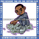 African American Gangster Man Sitting On Floor Smile Face Design Element Melanin Man Money On Floor Hustler Hustling SVG JPG PNG Vector Clipart Cricut Cutting Files