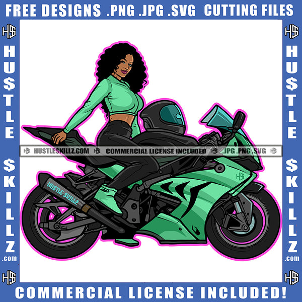 African American Lady Biker On Bike Design Element Melanin Curly Hair Hustler Hustling SVG JPG PNG Vector Clipart Cricut Cutting Files
