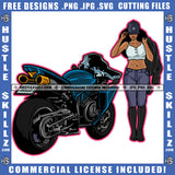 African American Gangster Lady Biker Standing On Bike Design Element Sexy Melanin Woman Hustler Hustling SVG JPG PNG Vector Clipart Cricut Cutting Files