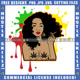 Curly Hair Nude African American Women Weed Blunt In Hand Colorful Dripping Vector Portrait Marijuana Cannabis High Life 420 Blunt Smoking SVG JPG PNG Vector Clipart Cricut Cutting Files