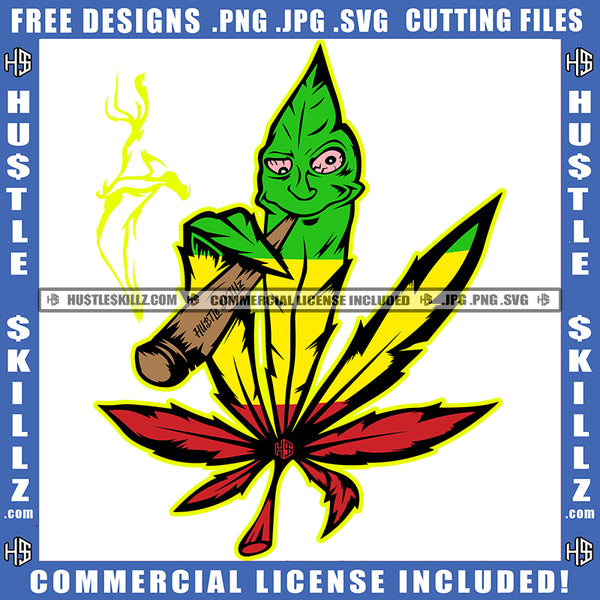 Cannabis Leaf Smoke Silly Face Colorful Vector Marijuana Leaf High Life 420 Blunt Smoking Mascot Silhouette SVG JPG PNG Vector Clipart Cricut Cutting Files