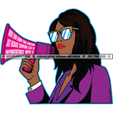 African America Woman Holding Microphone Hand Mike Design Element Nubian Woman Wearing Sunglass Hustler Hustling SVG JPG PNG Vector Clipart Cricut Cutting Files