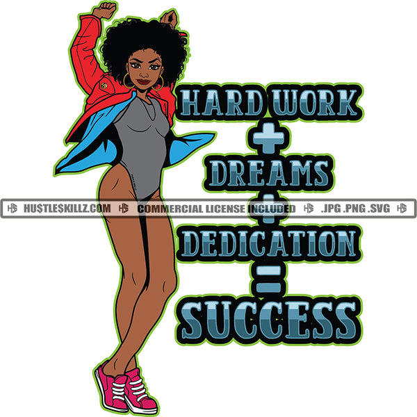 Hard Work + Dreams + Dedication = Success Quote Color Vector African American Fitness Woman Standing Design Element Nubian Woman Bodybuilder Workout Hustler Hustling SVG JPG PNG Vector Clipart Cricut Cutting Files