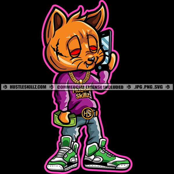 Gangster Scarface Cat Holding Cash Money And Use Phone Vector Cat Red Eyes Standing Design Element Black And White BW SVG JPG PNG Vector Clipart Cricut Cutting Files