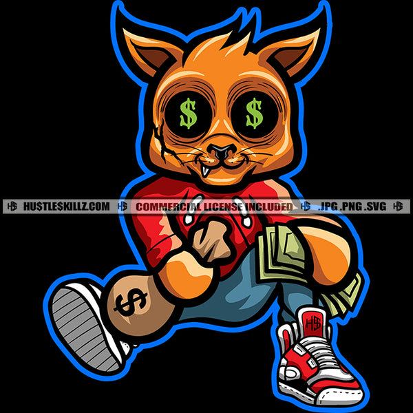 Gangster Cat Holding Money Bag And Money Bundle Scarface Cat Smile Face Design Element Cat Eye Dollar Sign Cat Sitting On Floor Vector SVG JPG PNG Vector Clipart Cricut Cutting Files