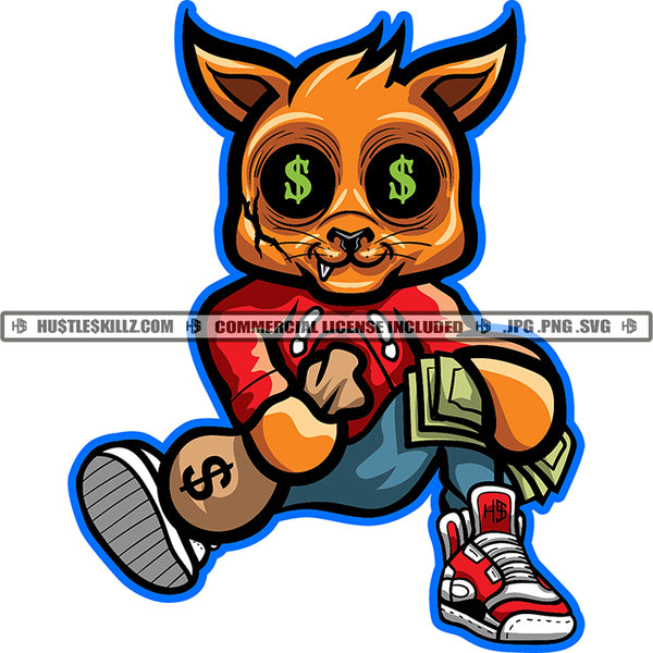 Gangster Cat Holding Money Bag And Money Bundle Scarface Cat Smile Face Design Element Cat Eye Dollar Sign Cat Sitting On Floor Vector SVG JPG PNG Vector Clipart Cricut Cutting Files