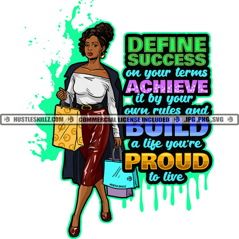 Defins Success On Your Terms Achieve It By Your Awn Rules And Build A Life Yor're  Proud TO Love Quote Color Vector African American Woman Holding Shopping Bag Curly Hair Design Element SVG JPG PNG Vector Clipart Cricut Cutting Files