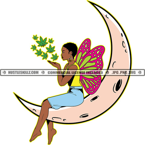African American Woman Sitting On Moon Design Element Nubian Woman Wings And Marijuana Leave Hustler Hustling SVG JPG PNG Vector Clipart Cricut Cutting Files