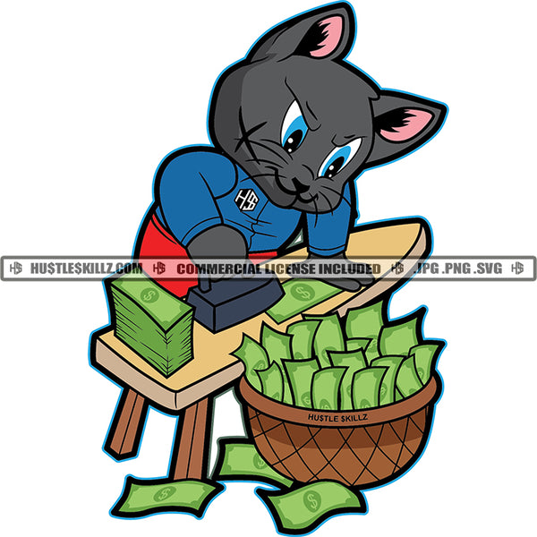 African American Gangster Scarface Cat Holding Iron Machine And Holding Money On Table Design Element Hustler Hustling SVG JPG PNG Vector Clipart Cricut Cutting Files