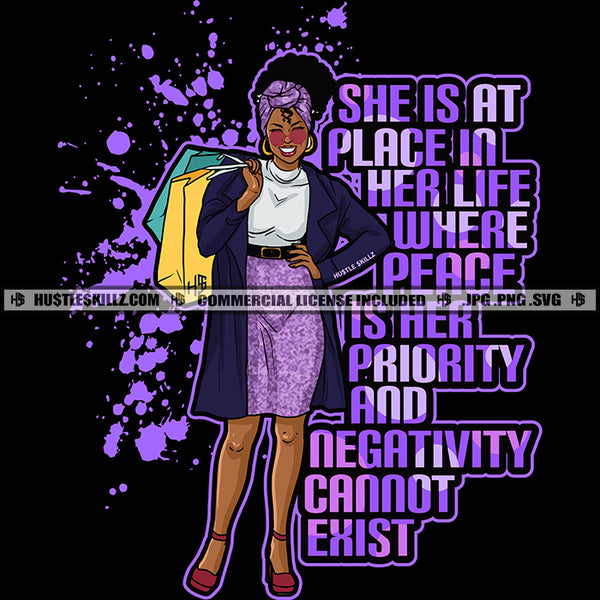She Is At Place In Her Life Where Peace Is Her Pridrity And Negativity Cannot Exist Color Quote Melanin Woman Smile Face Holding Shopping Bag Black Background Design Element SVG JPG PNG Vector Clipart Cricut Cutting Files