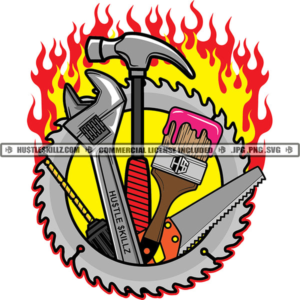 Tools Silver Wrench Pliers Hammer Vector Design Element Meter Tap Color Brush Fire Background Design Red Color Circle Black And White Color Line SVG JPG PNG Vector Clipart Cricut Cutting Files