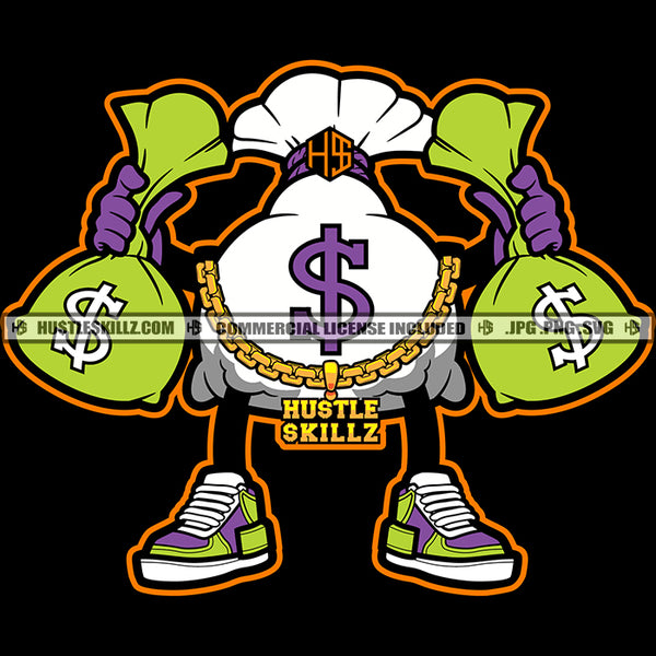 Get Every Dollar Color Quote Money Bag Cartoon Character Standing And Holding Double Money Bag Design Element Gangster Money Bag No Face Character SVG JPG PNG Vector Clipart Cricut Cutting Files