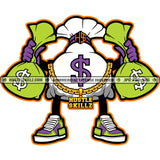 Get Every Dollar Color Quote Money Bag Cartoon Character Standing And Holding Double Money Bag Design Element Gangster Money Bag No Face Character SVG JPG PNG Vector Clipart Cricut Cutting Files