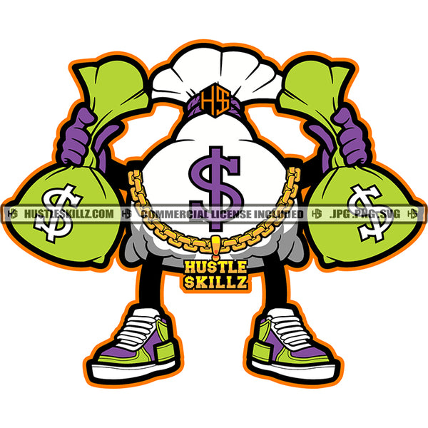Get Every Dollar Color Quote Money Bag Cartoon Character Standing And Holding Double Money Bag Design Element Gangster Money Bag No Face Character SVG JPG PNG Vector Clipart Cricut Cutting Files