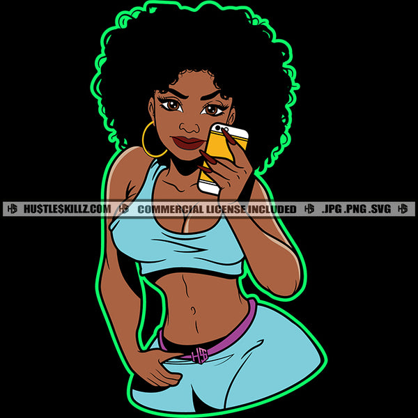 Live Learn Upgrade Color Quote African American Woman Standing And Holding Phone Take Selfie Design Element Afro Hair Style Wearing Bikini Beautiful Woman SVG JPG PNG Vector Clipart Cricut Cutting Files