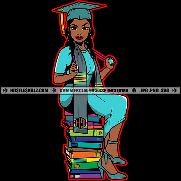 Just Kick Ass Babe Color Quote African American Educated Woman Sitting On Book Vector Wearing Hat Design Element High Hill Black Beauty Smile Face SVG JPG PNG Vector Clipart Cricut Cutting Files