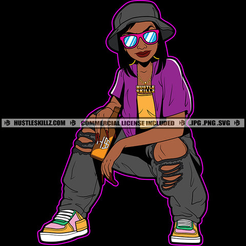 Nubian Lola Woman Sitting Hip Hop Style Wearing Hat And Sunglass Smile Face Vector Design Element Hustler Hustling SVG JPG PNG Vector Clipart Cricut Cutting Files