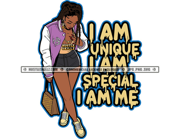 I Am Unique I Am Special I Am Me Color Quote African American Woman Standing And Holding Bag Wearing Short Dress Vector White Background Locus Hair Style SVG JPG PNG Vector Clipart Cricut Cutting Files