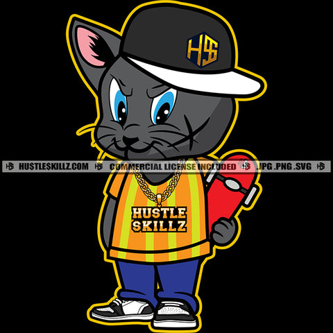 Gangster Scarface Holding Gun Cat Wearing Base Ball Cap Smile Face Vector Design Element Hustler Hustling SVG JPG PNG Vector Clipart Cricut Cutting Files