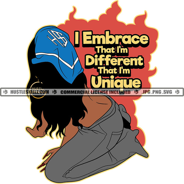 I Embrace That I'm Different That I'm Unique Color Quote African American Woman Sitting On Sexy Pose Towel On Head Fire Background SVG JPG PNG Vector Clipart Cricut Cutting Files