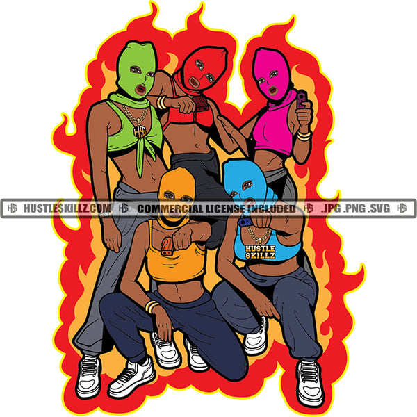 African American Gangster Woman Squad Fire Background White Background Design Element Girls Wearing Ski Musk Colorful Dress SVG JPG PNG Vector Clipart Cricut Cutting Files