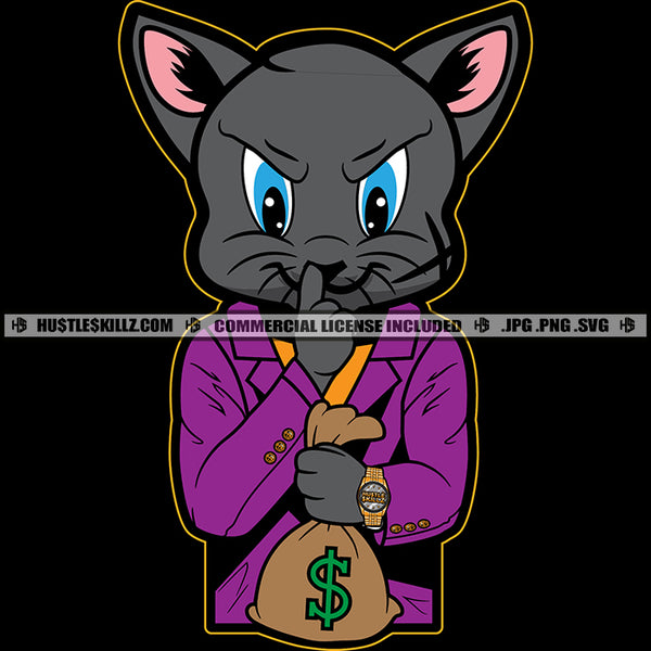 Gangster Scarface Cat Holding Bag Of Money Cash Scar Face Suit Success Vector Design Element Hustler Hustling SVG JPG PNG Vector Clipart Cricut Cutting Files