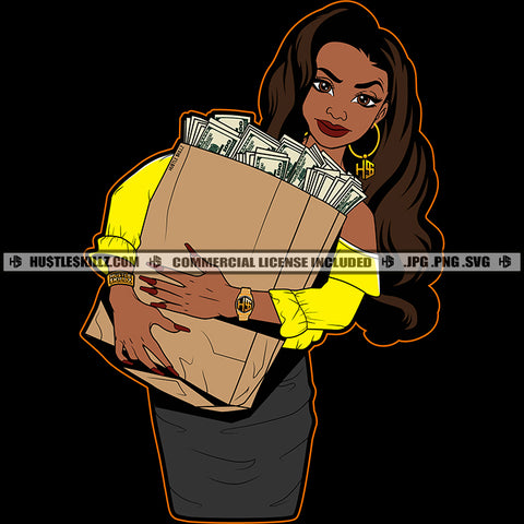 Nubian Lola Woman Smile Face Holding Money Bag Melanin Woman Curly Hair Wearing Top And Skirt Smile Face Vector Design Element Hustler Hustling SVG JPG PNG Vector Clipart Cricut Cutting Files
